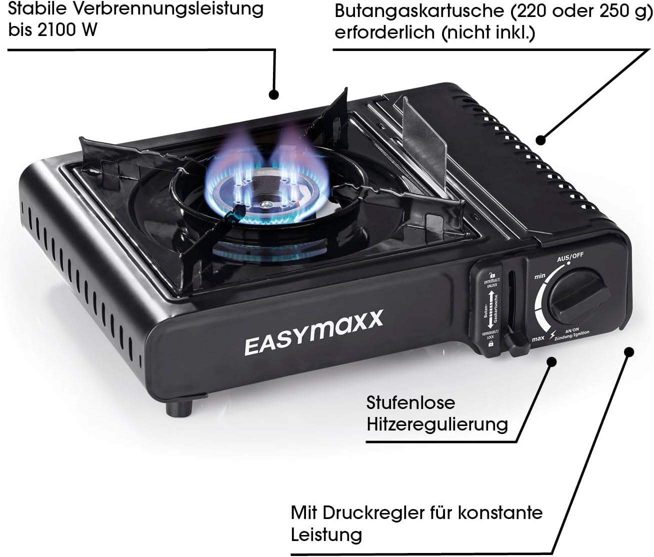 Pllakë elektrike dhe me gaz Easymaxx Gaskocher Tragbar & Kompakt, 2.2 kW, e zezë