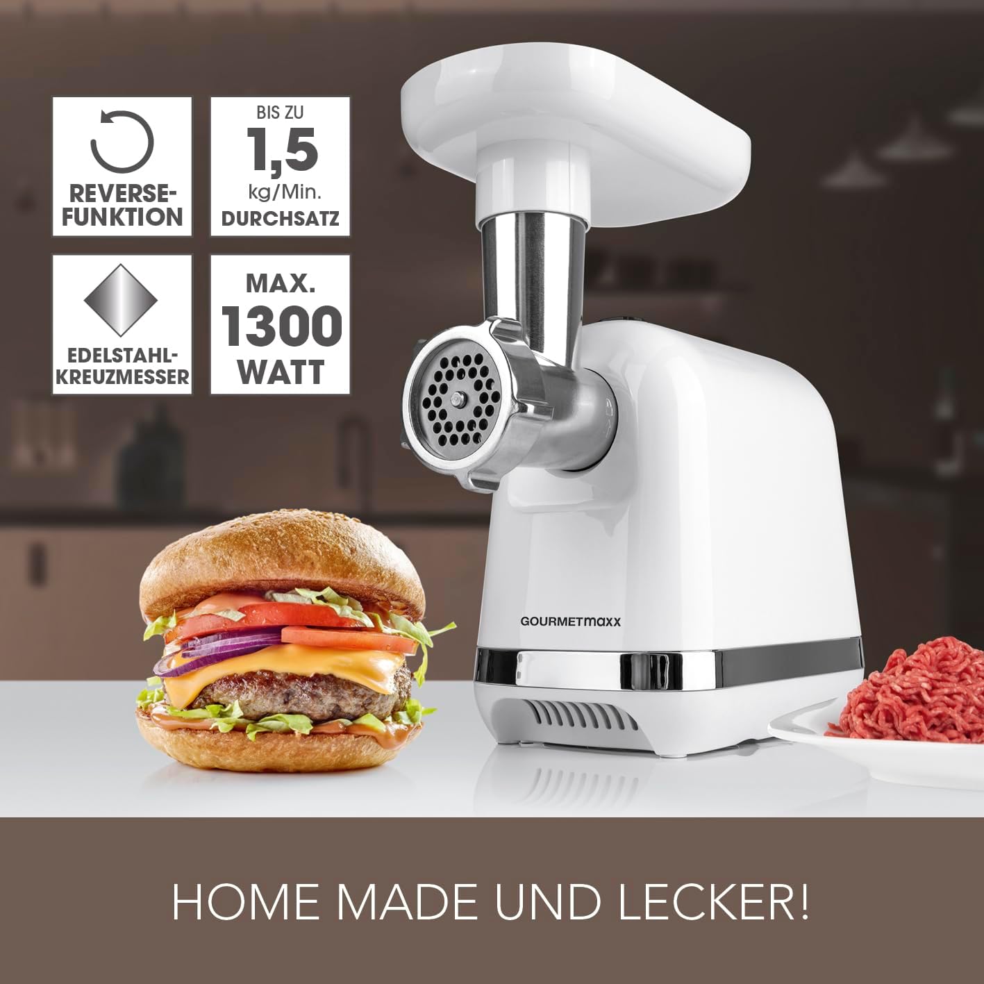 Makinë për bluarje mishi GOURMETmaxx Fleischwolf, 1300W, e bardhë