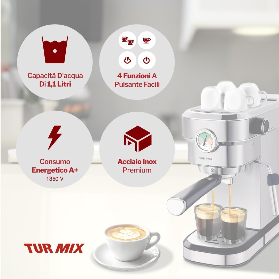 Makinë për kafe TUR MIX TX 590, 1350W, 20 Bar, 1.5L, e hirtë