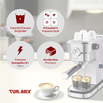 Makinë për kafe TUR MIX TX 590, 1350W, 20 Bar, 1.5L, e hirtë