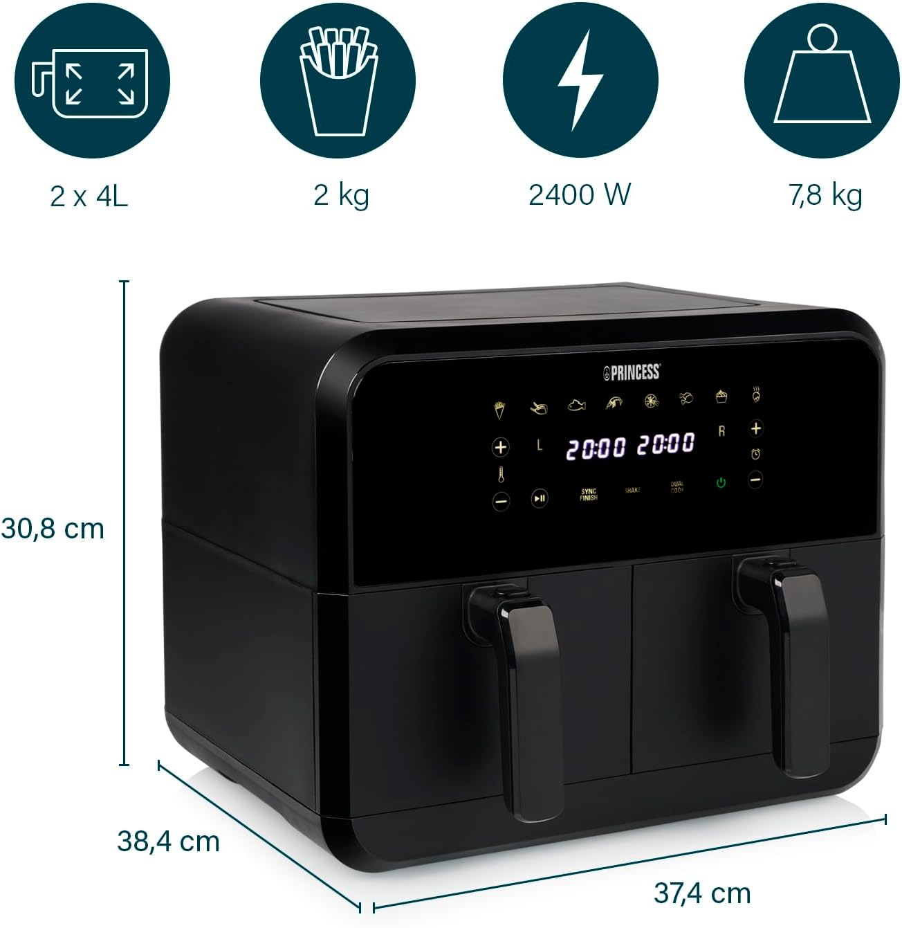 Fritezë Princess Double Basket Airfryer, 2x4L, 2400W, e zezë