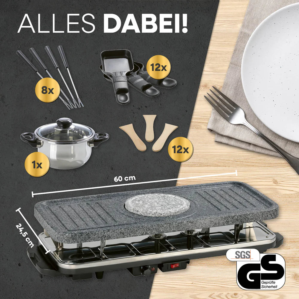 Set për grill GOURMETmaxx Raclette & Fondue-Set, 1600W, 38 pjesë, pllakë guri granit, i zi