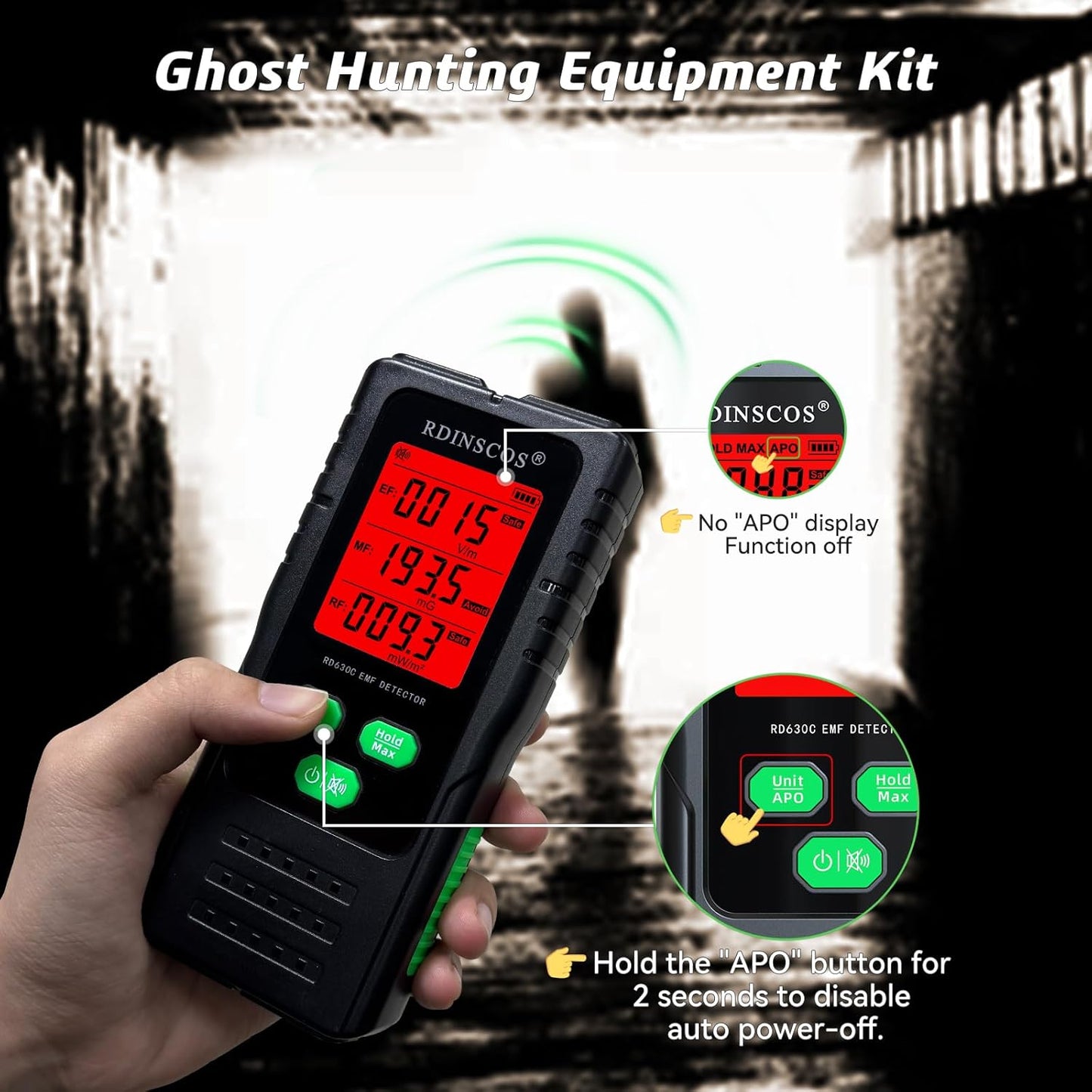 Detektor për fusha elektromagnetike RDINSCOS EMF Detector, EF/MF/RF, LCD, i zi/gjelbër