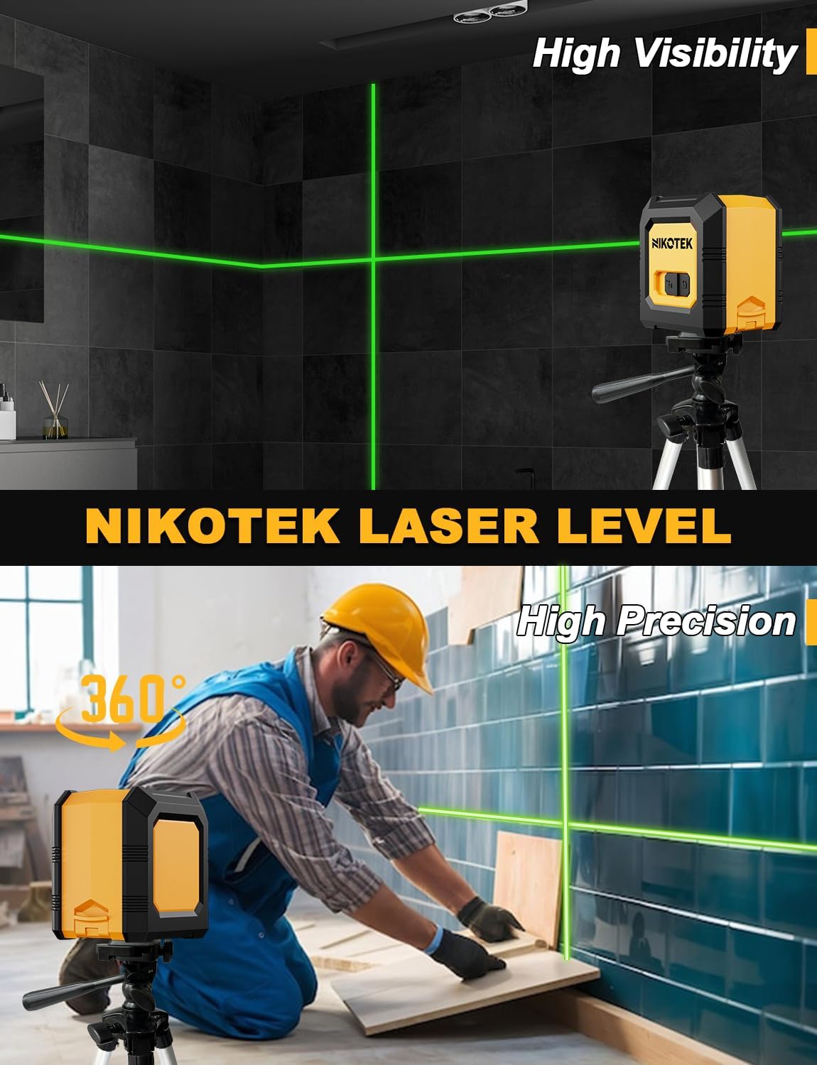 Nivel me laser NIKOTEK Cross-Line Laser Level Class 2, Tripod, i verdhë/zi