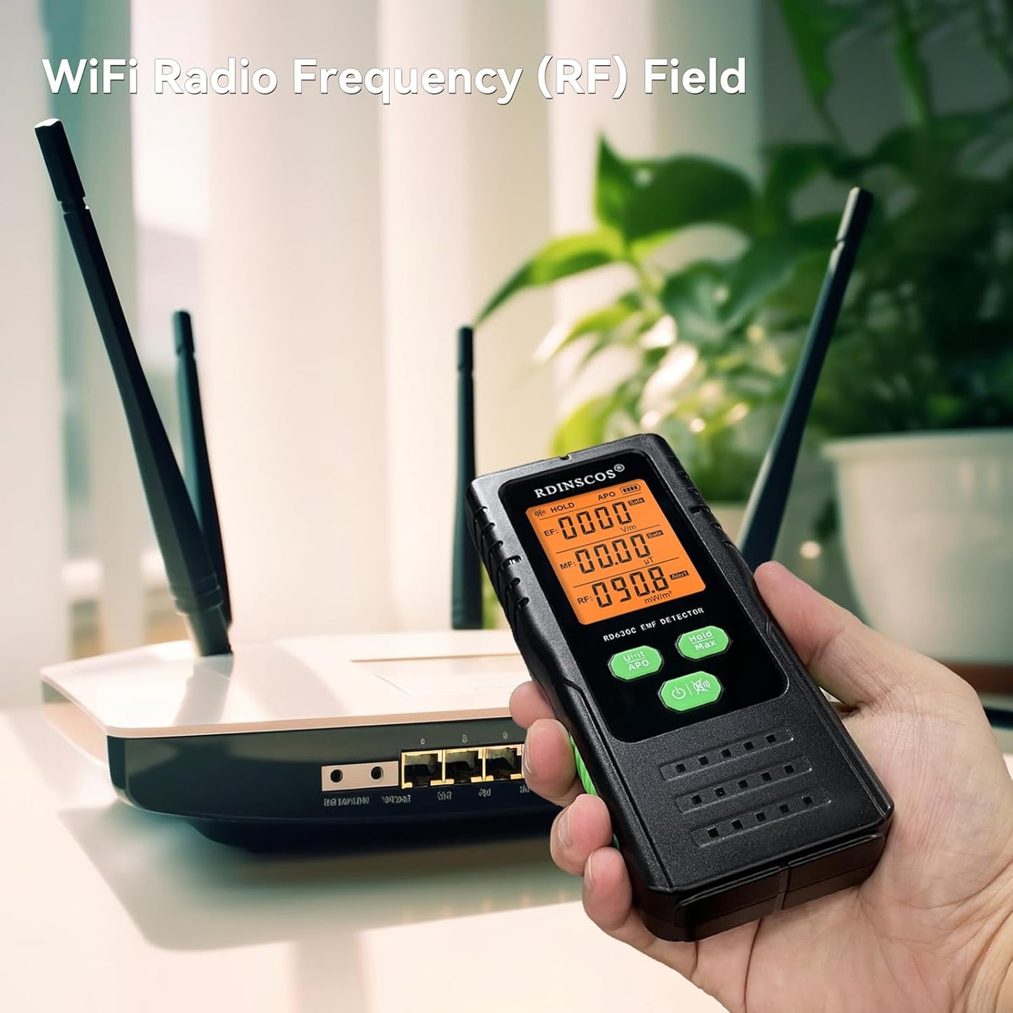 Detektor për fusha elektromagnetike RDINSCOS EMF Detector, EF/MF/RF, LCD, i zi/gjelbër