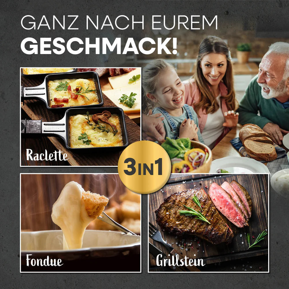 Set për grill GOURMETmaxx Raclette & Fondue-Set, 1600W, 38 pjesë, pllakë guri granit, i zi