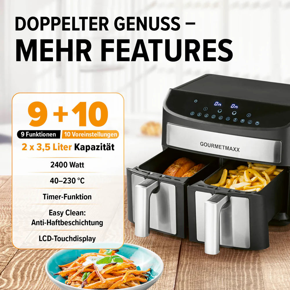 Fritezë GOURMETmaxx Doppelkammer-Heißluftfritteuse, 7L, 2400W, e zezë/inox
