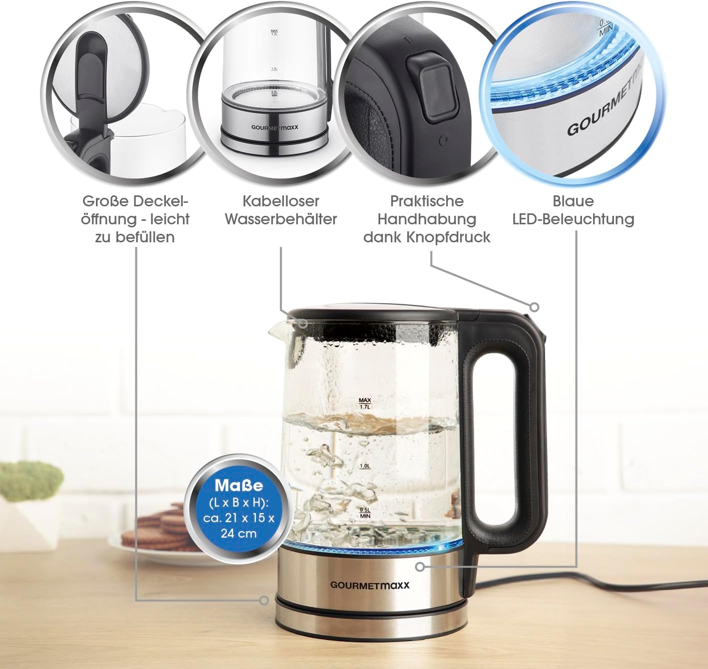Vlues uji GOURMETmaxx Glas-Wasserkocher, 2200W, 1.7L, inox/qelq