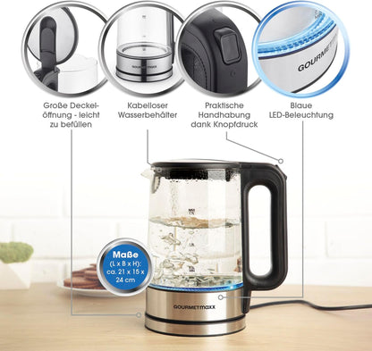 Vlues uji GOURMETmaxx Glas-Wasserkocher, 2200W, 1.7L, inox/qelq