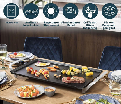 Grill tavoline PRINCESS Table Chef Premium XXL, 2500W, 36 x 60 cm, e zezë/Inox