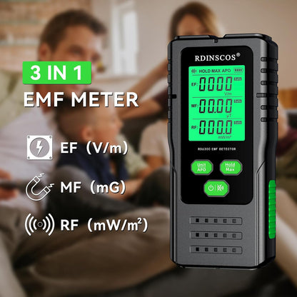 Detektor për fusha elektromagnetike RDINSCOS EMF Detector, EF/MF/RF, LCD, i zi/gjelbër
