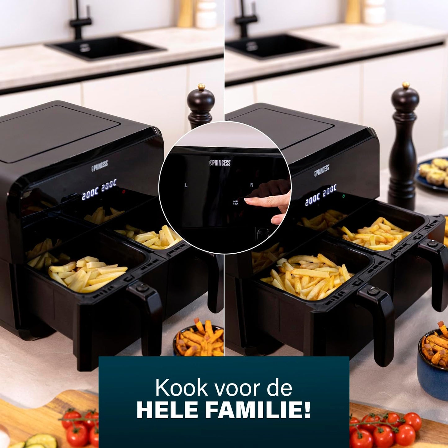 Fritezë Princess Double Basket Airfryer, 2x4L, 2400W, e zezë