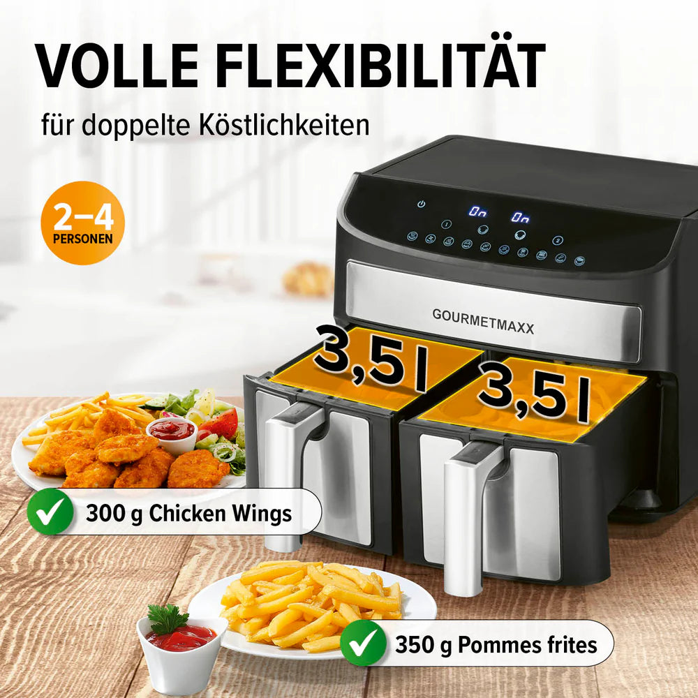 Fritezë GOURMETmaxx Doppelkammer-Heißluftfritteuse, 7L, 2400W, e zezë/inox