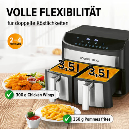Fritezë GOURMETmaxx Doppelkammer-Heißluftfritteuse, 7L, 2400W, e zezë/inox