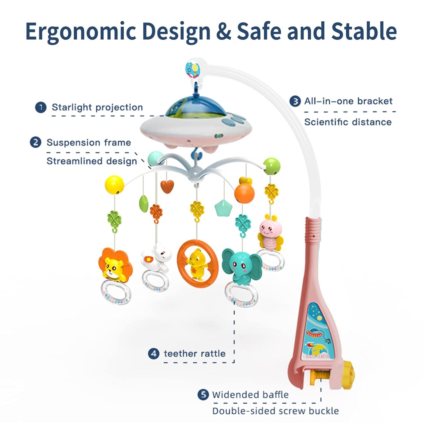 Mobile muzikore për bebe Dreamful Mobile, 0–5 muaj, melodi qetësuese, figura shumëngjyrëshe, montim për shtrat