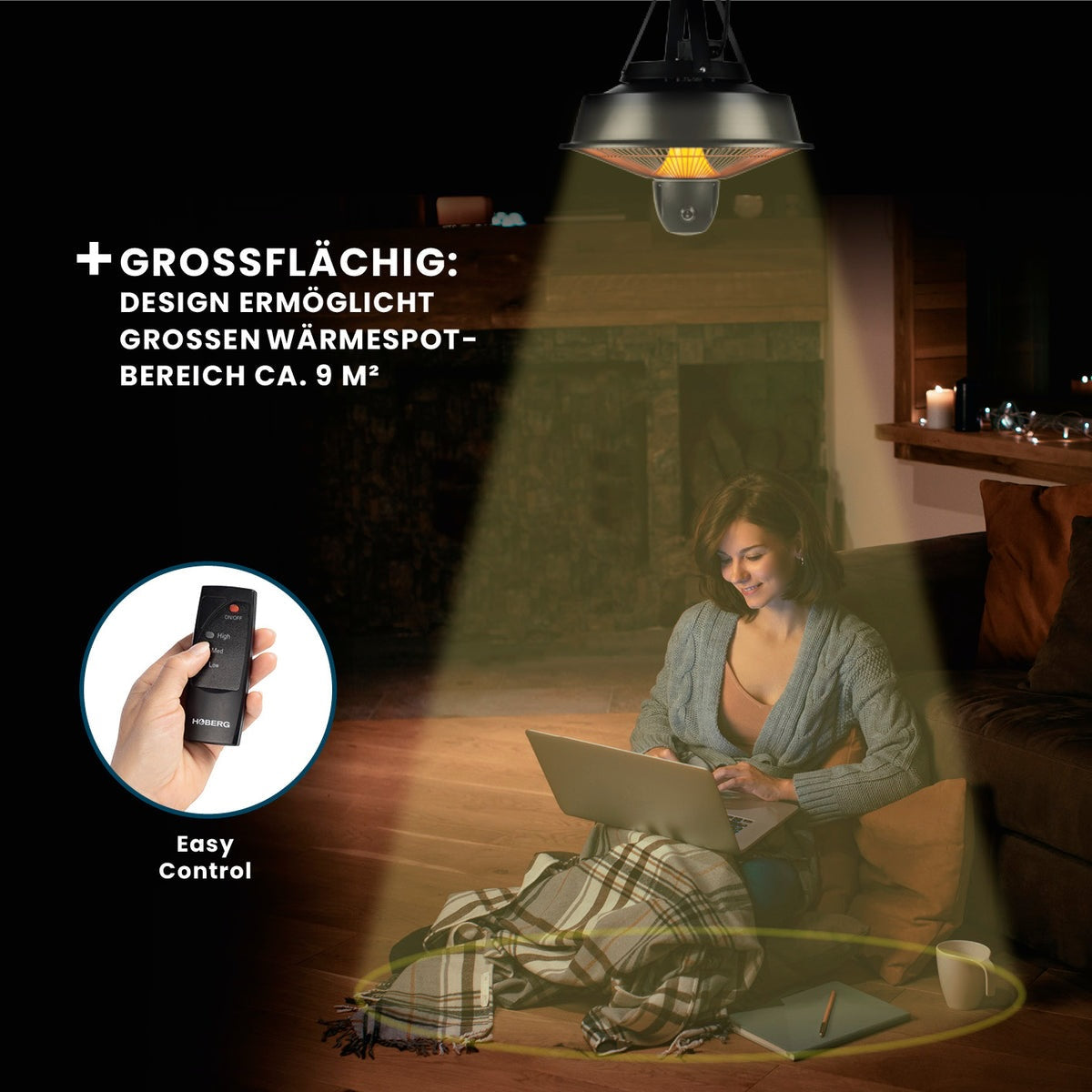Ngrohës infrarot për tavan HOBERG Infrared Decken-Heizstrahler, 2000 W, 3 nivele ngrohjeje (800/1200/2000 W), telekomandë, IPX4, i zi