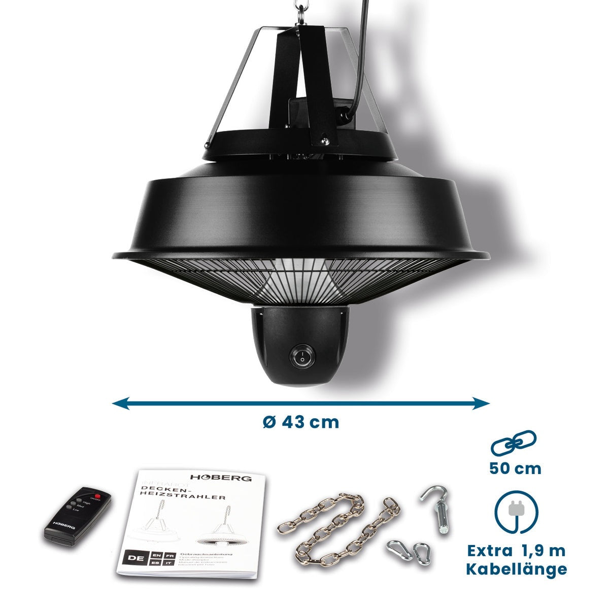 Ngrohës infrarot për tavan HOBERG Infrared Decken-Heizstrahler, 2000 W, 3 nivele ngrohjeje (800/1200/2000 W), telekomandë, IPX4, i zi