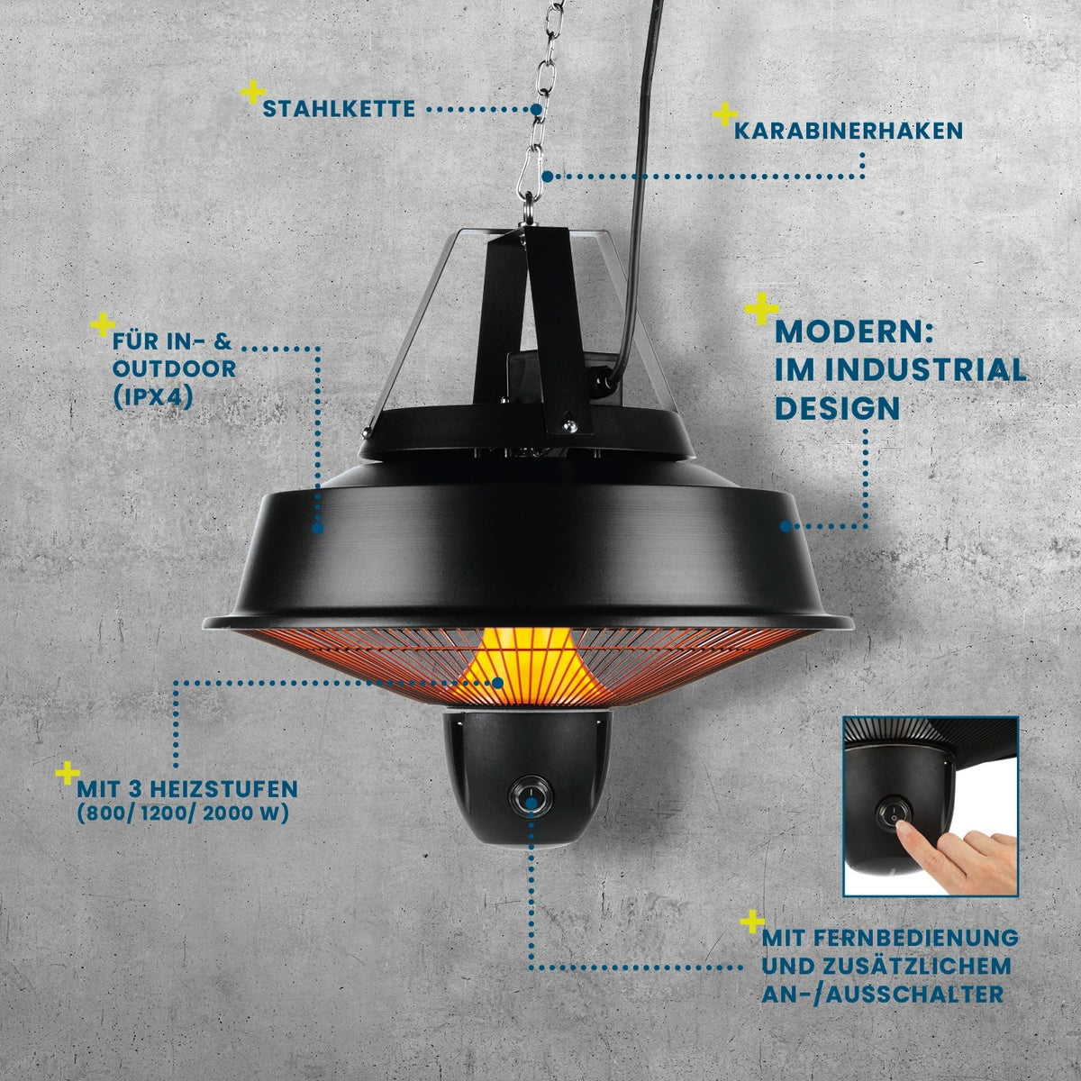 Ngrohës infrarot për tavan HOBERG Infrared Decken-Heizstrahler, 2000 W, 3 nivele ngrohjeje (800/1200/2000 W), telekomandë, IPX4, i zi