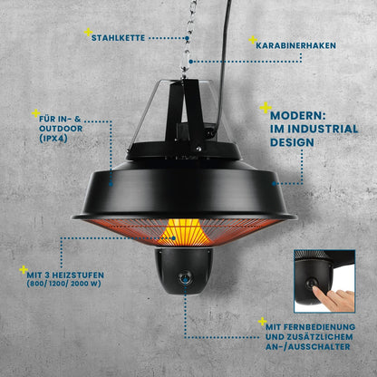 Ngrohës infrarot për tavan HOBERG Infrared Decken-Heizstrahler, 2000 W, 3 nivele ngrohjeje (800/1200/2000 W), telekomandë, IPX4, i zi
