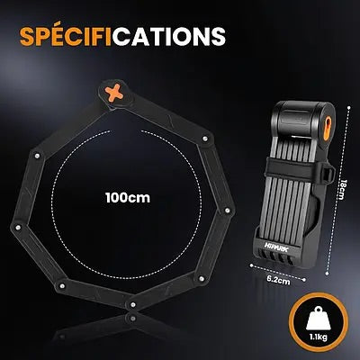 Kyç për biçikletë HIPAK Folding Lock HD9006, çelik i fortësuar, rezistent ndaj ujit, ngjyrë e zezë