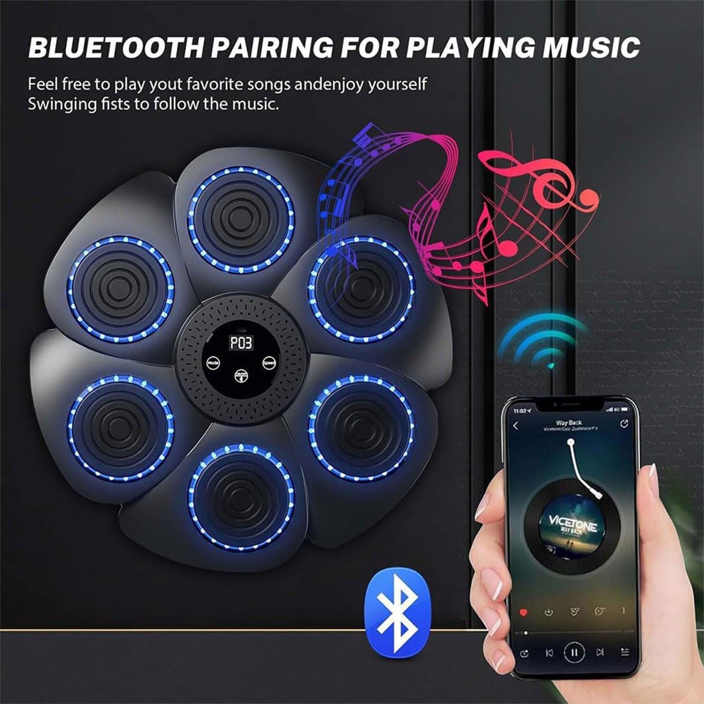 Pajisje boksi interaktive Music Boxing Machine Bluetooth, drita RGB, 6 zona goditjeje, ekran digjital, ngjyrë e zezë