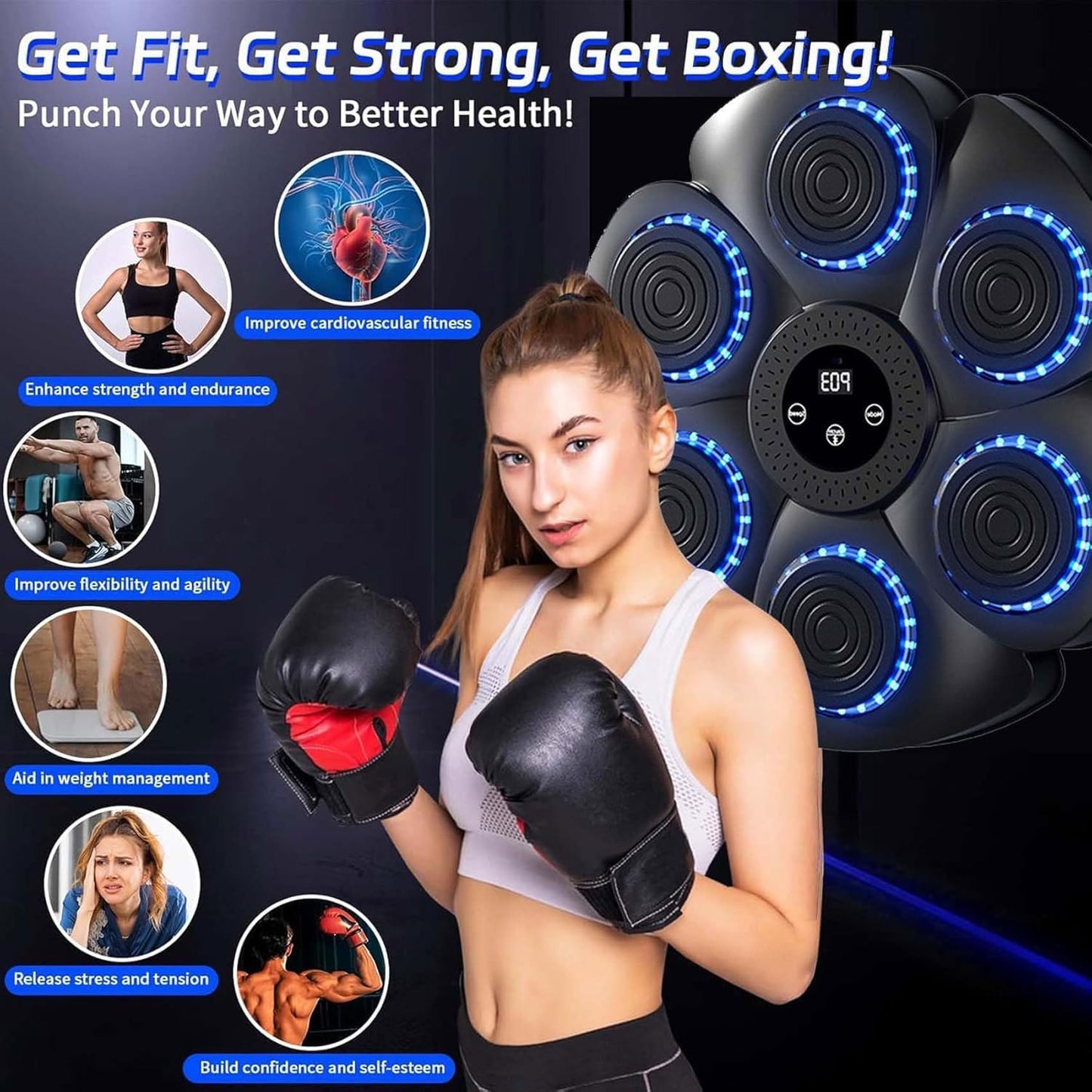 Pajisje boksi interaktive Music Boxing Machine Bluetooth, drita RGB, 6 zona goditjeje, ekran digjital, ngjyrë e zezë