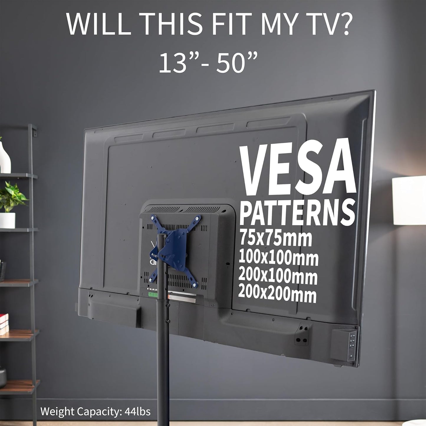 Stand për TV V.I.V Stand-TV07, për 32”–65”, VESA 75×75–600×400, lartësi e rregullueshme, metalik, i zi