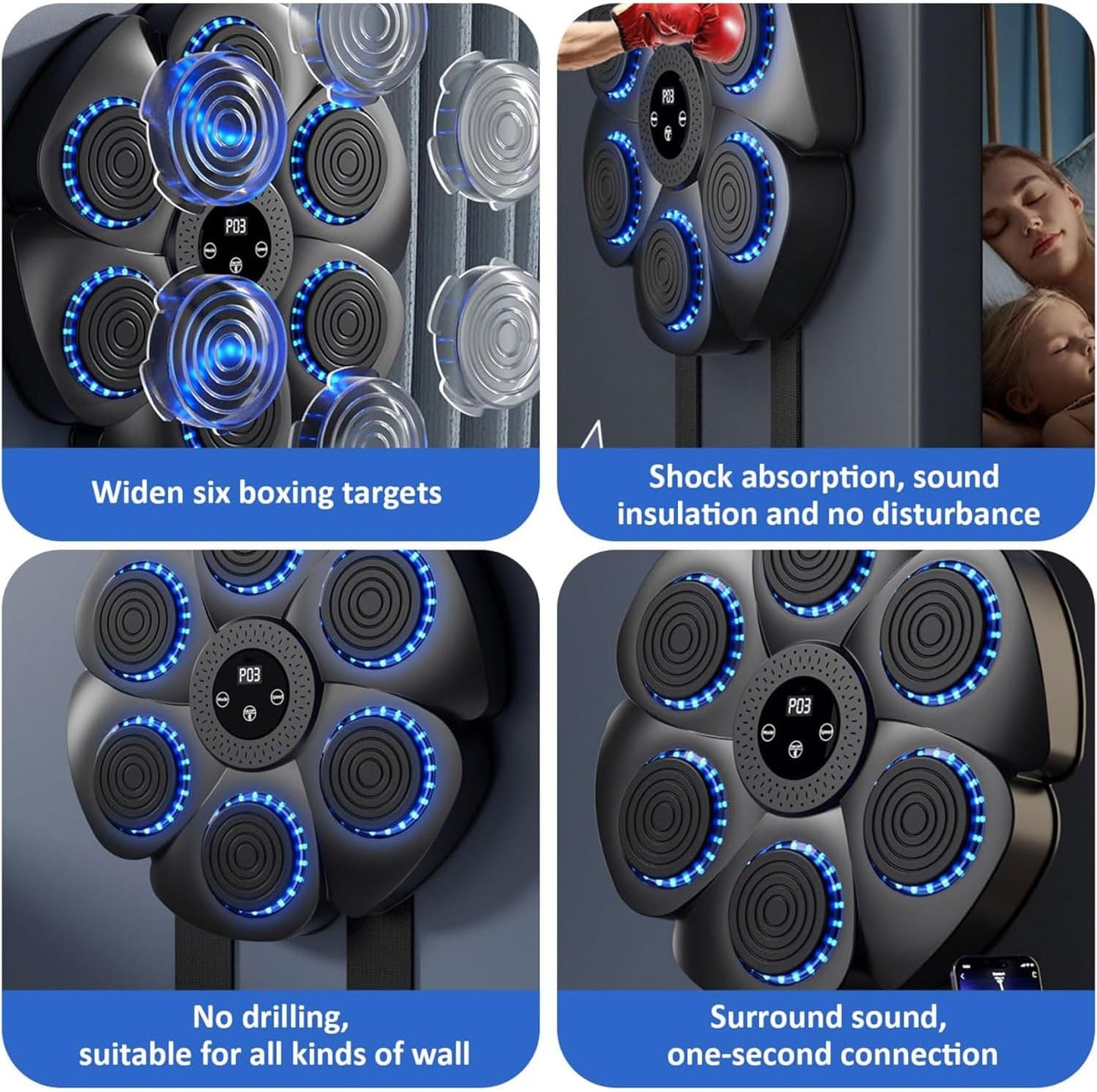 Pajisje boksi interaktive Music Boxing Machine Bluetooth, drita RGB, 6 zona goditjeje, ekran digjital, ngjyrë e zezë