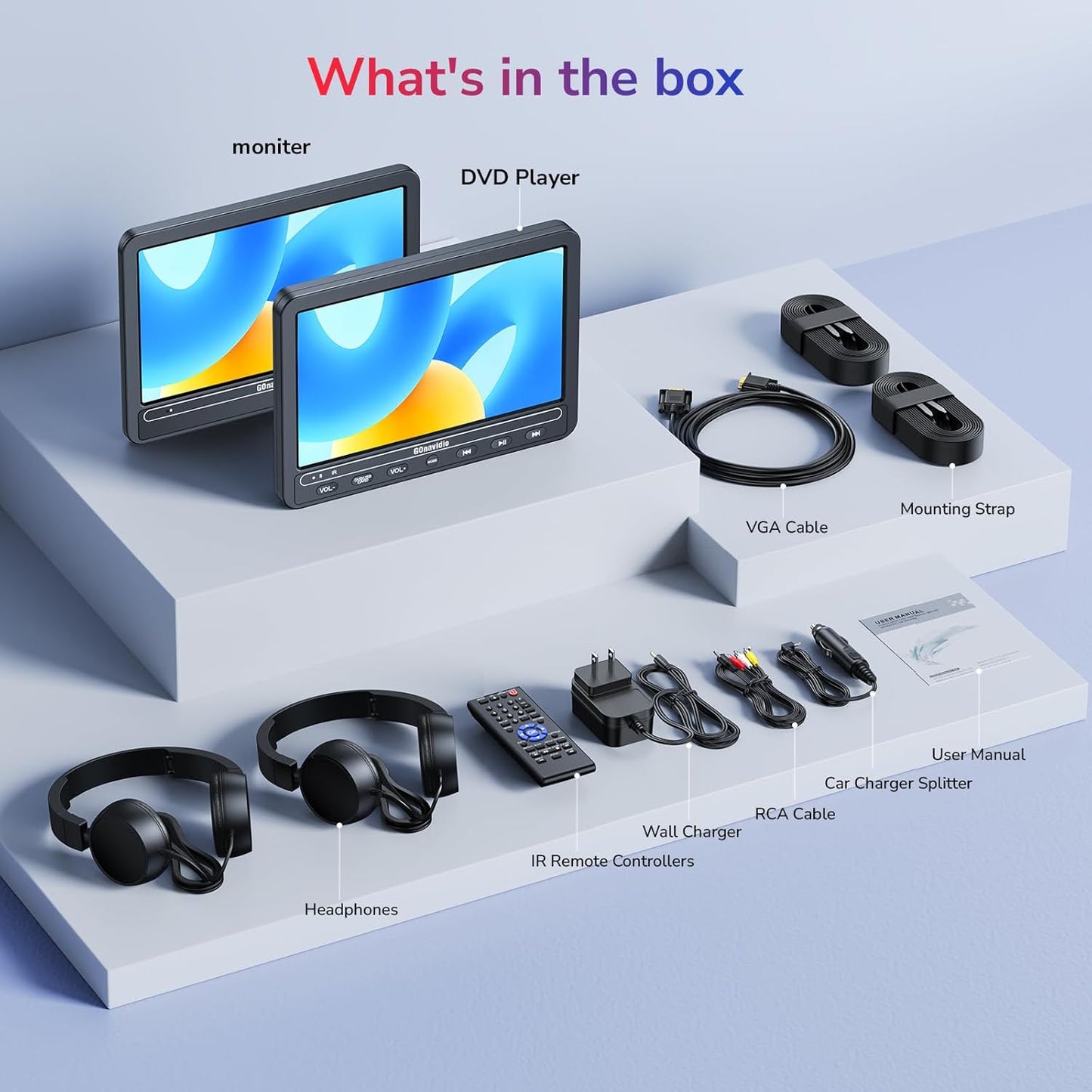 Portable Video Player për Makinë Dual Screen, 2×10”, USB/SD/DVD, i zi