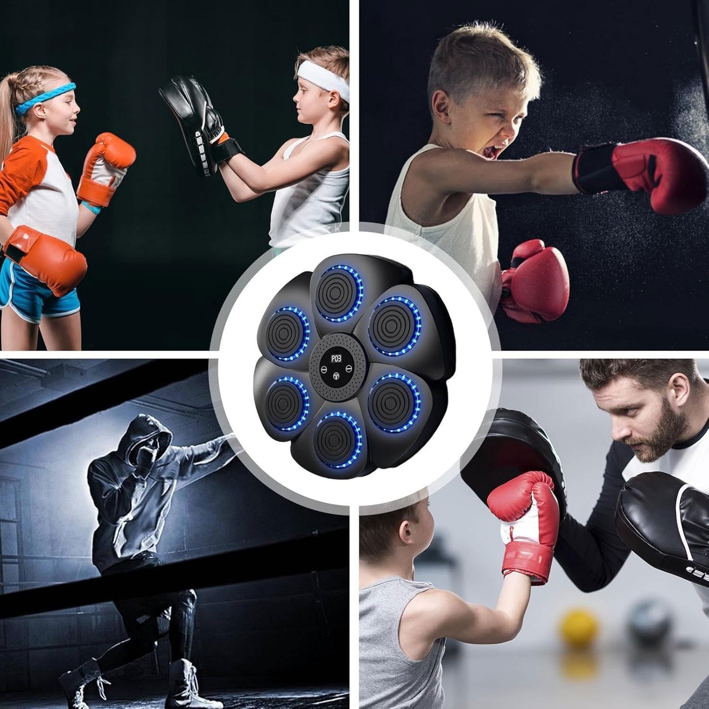 Pajisje boksi interaktive Music Boxing Machine Bluetooth, drita RGB, 6 zona goditjeje, ekran digjital, ngjyrë e zezë