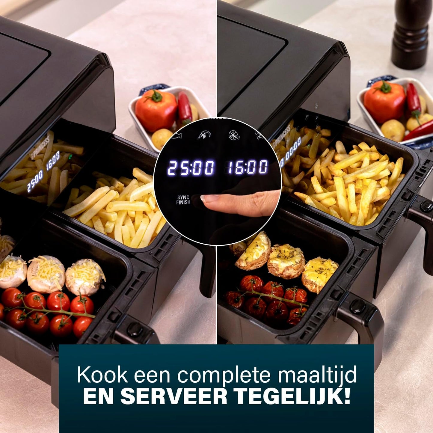 Fritezë Princess Double Basket Airfryer, 2x4L, 2400W, e zezë