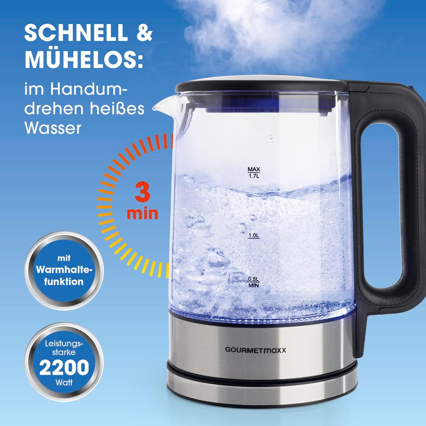 Vlues uji GOURMETmaxx Glas-Wasserkocher, 2200W, 1.7L, inox/qelq