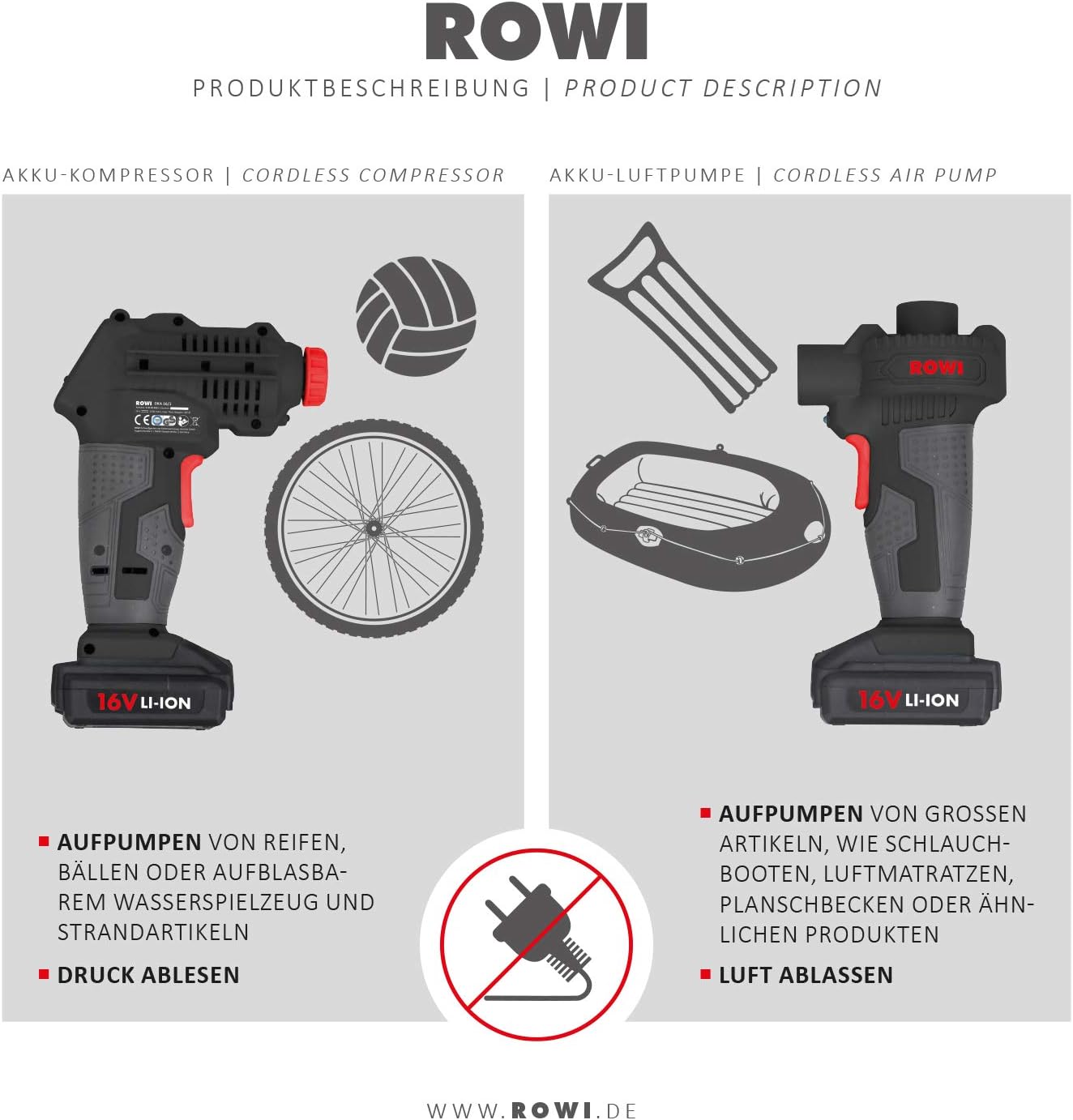 Kompresor dhe pompë ajri ROWI DKL 14/1 A Set 16V Li-Ion, 14 pkesë, i zi/kuq