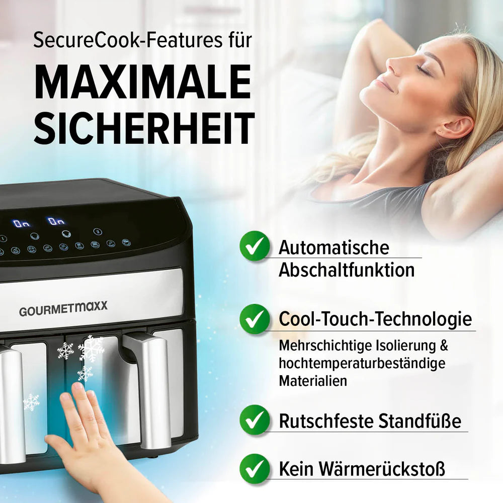 Fritezë GOURMETmaxx Doppelkammer-Heißluftfritteuse, 7L, 2400W, e zezë/inox