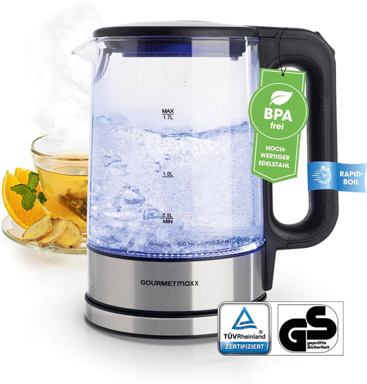 Vlues uji GOURMETmaxx Glas-Wasserkocher, 2200W, 1.7L, inox/qelq