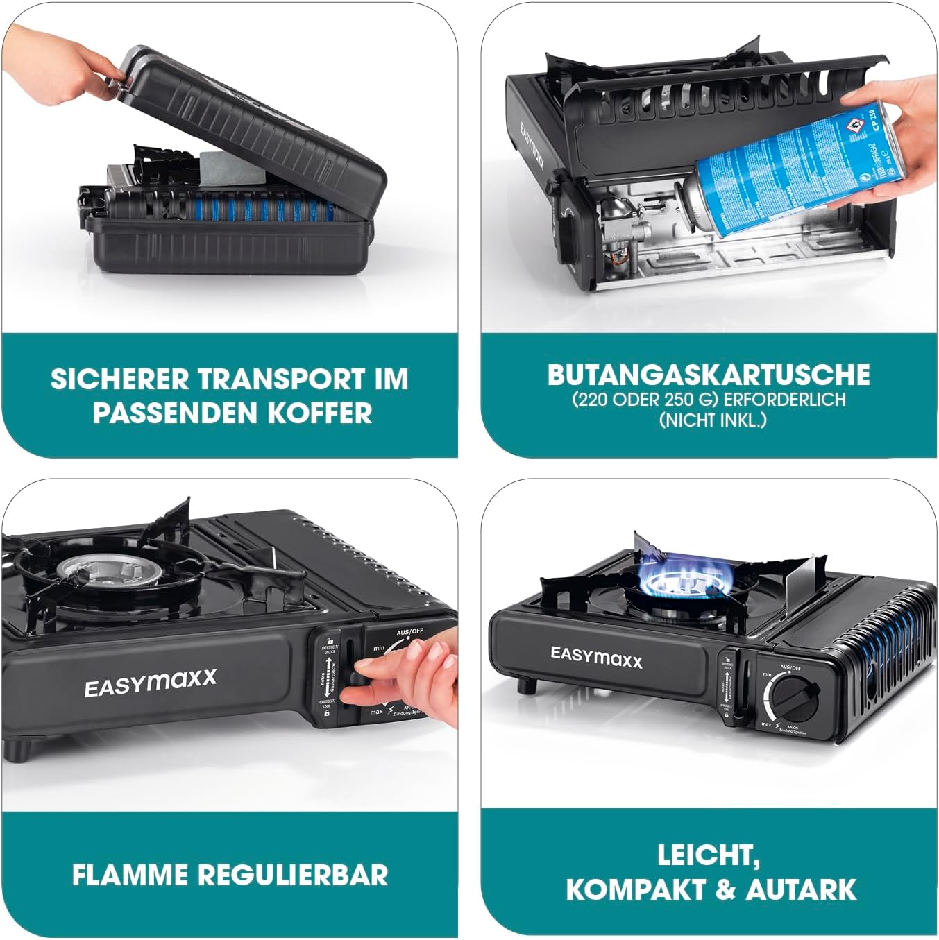 Pllakë elektrike dhe me gaz Easymaxx Gaskocher Tragbar & Kompakt, 2.2 kW, e zezë