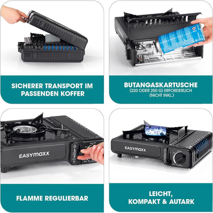 Pllakë elektrike dhe me gaz Easymaxx Gaskocher Tragbar & Kompakt, 2.2 kW, e zezë