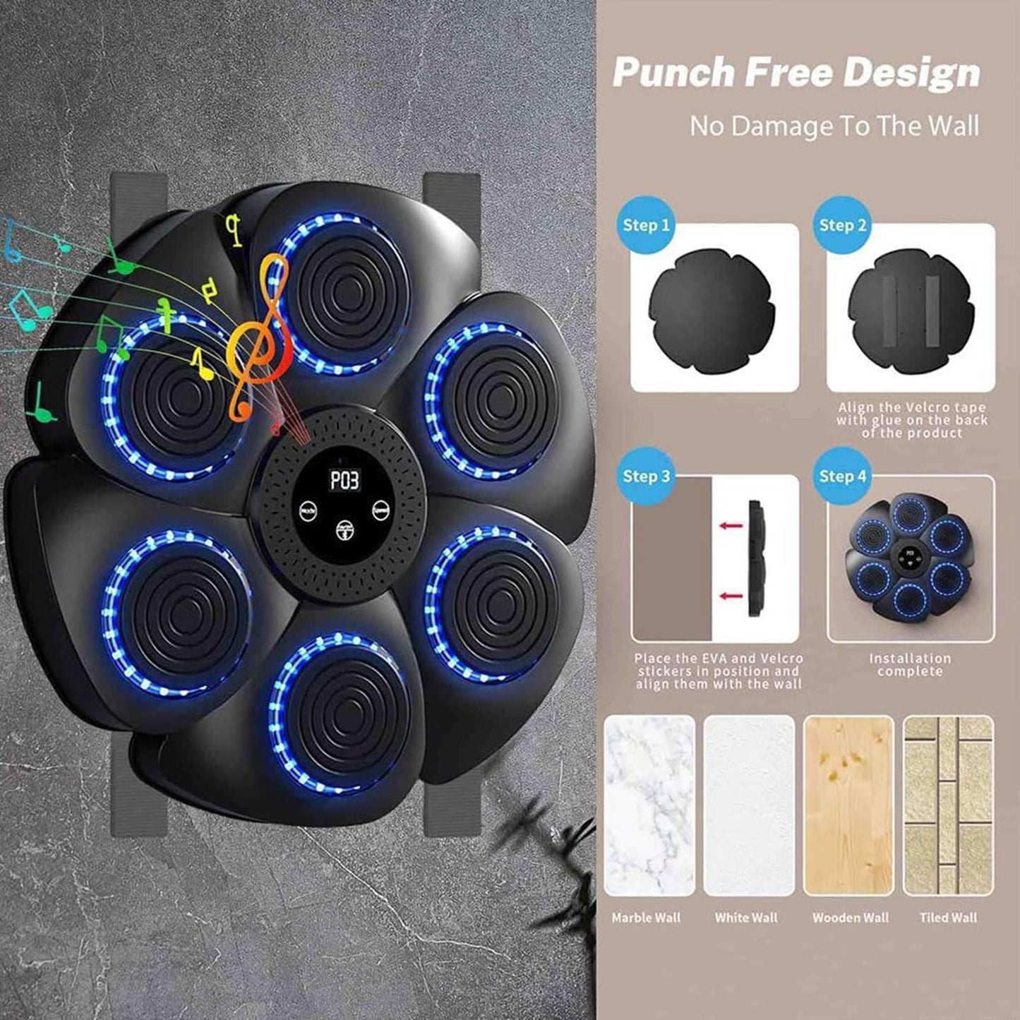 Pajisje boksi interaktive Music Boxing Machine Bluetooth, drita RGB, 6 zona goditjeje, ekran digjital, ngjyrë e zezë