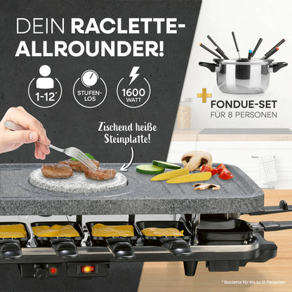 Set për grill GOURMETmaxx Raclette & Fondue-Set, 1600W, 38 pjesë, pllakë guri granit, i zi