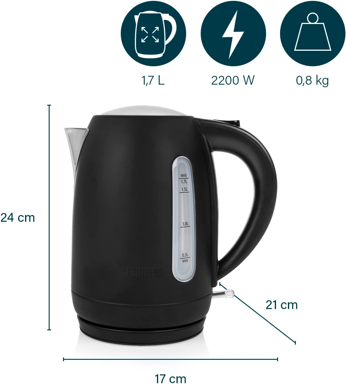 Vlues uji Princess Black Steel Kettle, 2200W, 1.7L, i zi