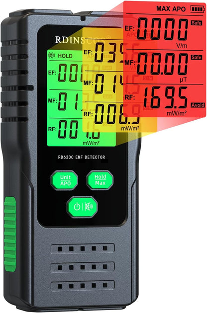 Detektor për fusha elektromagnetike RDINSCOS EMF Detector, EF/MF/RF, LCD, i zi/gjelbër