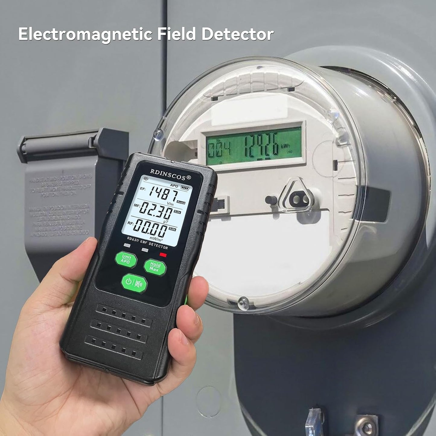 Detektor për fusha elektromagnetike RDINSCOS EMF Detector, EF/MF/RF, LCD, i zi/gjelbër