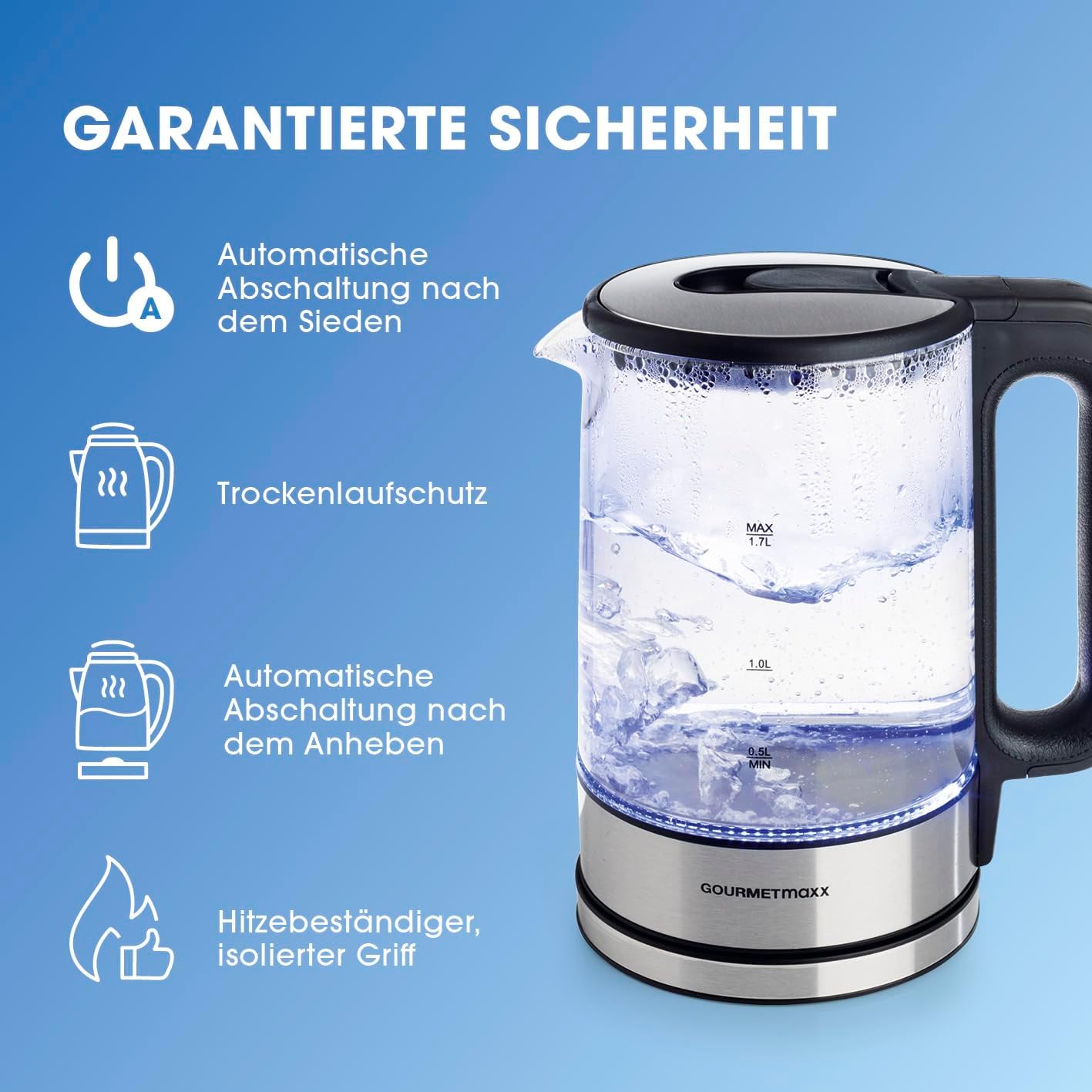Vlues uji GOURMETmaxx Glas-Wasserkocher, 2200W, 1.7L, inox/qelq
