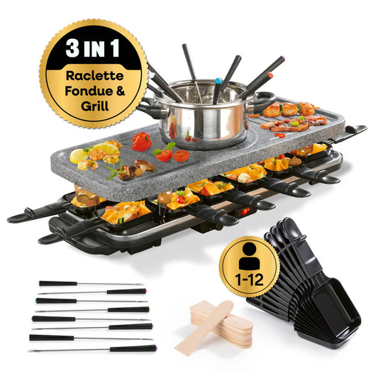 Set për grill GOURMETmaxx Raclette & Fondue-Set, 1600W, 38 pjesë, pllakë guri granit, i zi