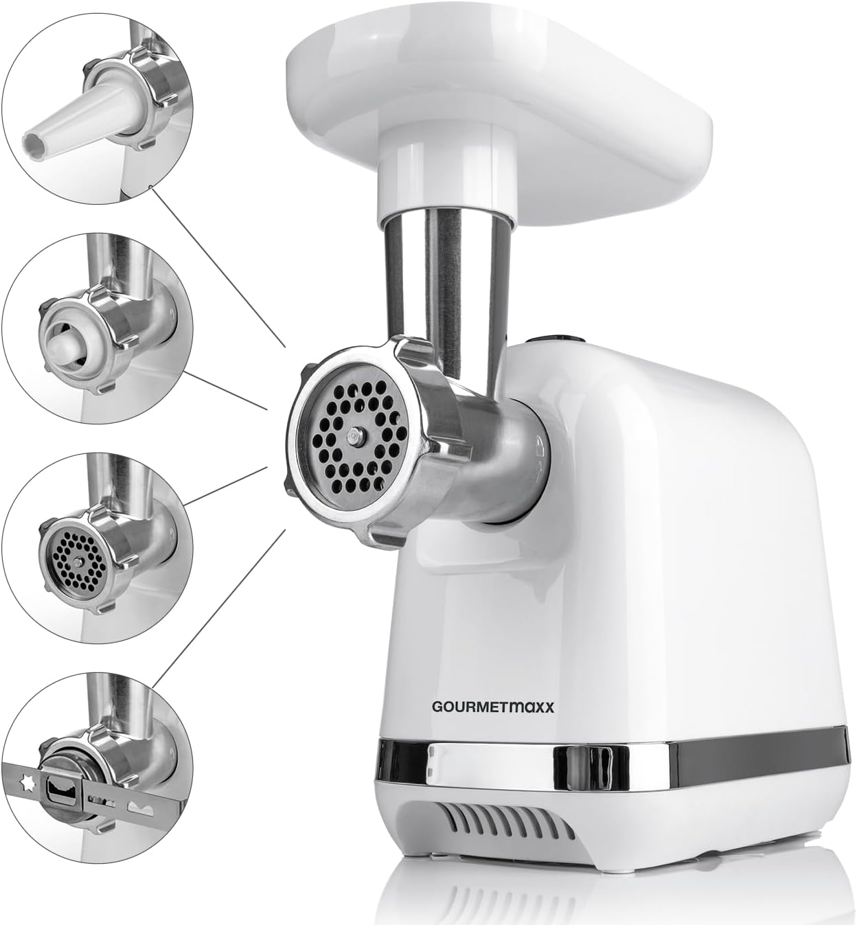 Makinë për bluarje mishi GOURMETmaxx Fleischwolf, 1300W, e bardhë