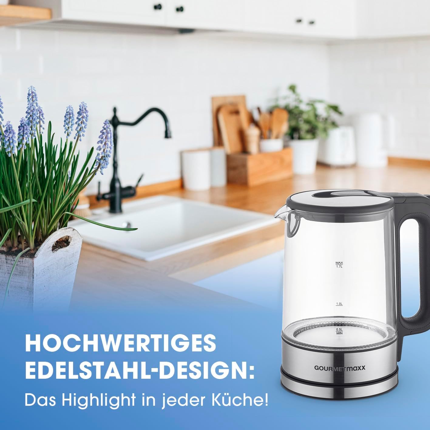 Vlues uji GOURMETmaxx Glas-Wasserkocher, 2200W, 1.7L, inox/qelq