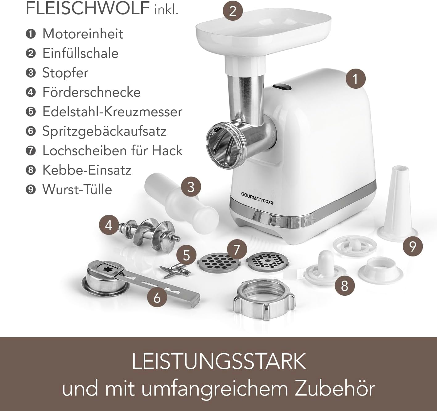 Makinë për bluarje mishi GOURMETmaxx Fleischwolf, 1300W, e bardhë