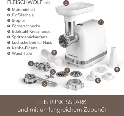 Makinë për bluarje mishi GOURMETmaxx Fleischwolf, 1300W, e bardhë