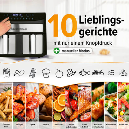 Fritezë GOURMETmaxx Doppelkammer-Heißluftfritteuse, 7L, 2400W, e zezë/inox