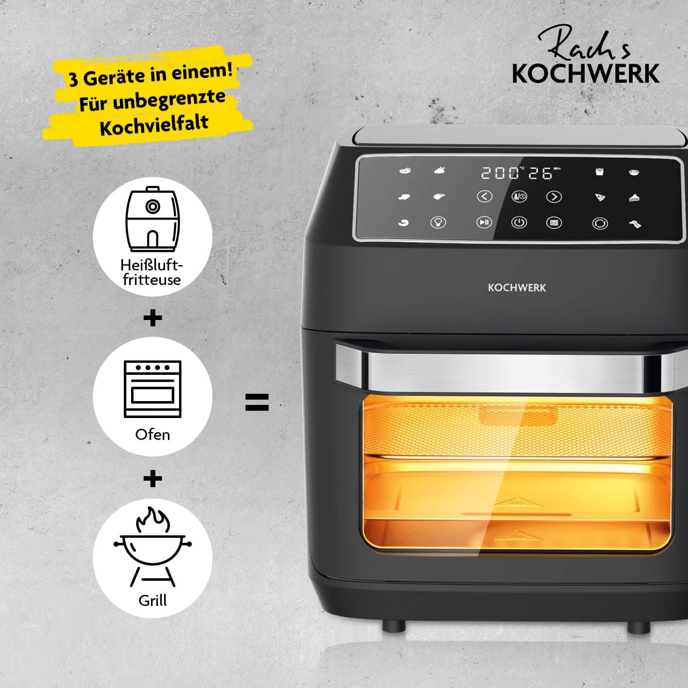 Furrë Rach's Kochwerk 3-in-1 Heissluft-Ofen, 1800W, 12L, 200°C, e zezë